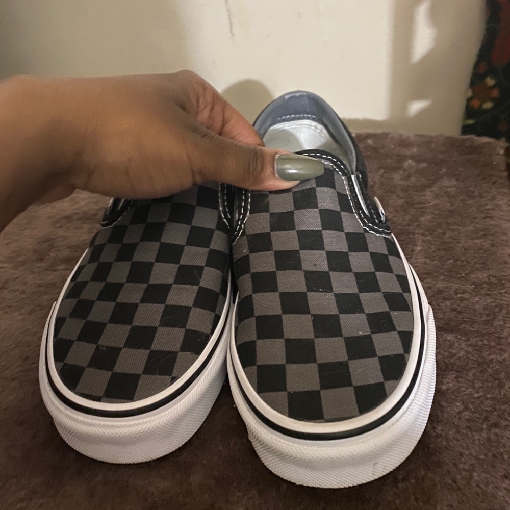 Black and Gray checkered slip on vans
